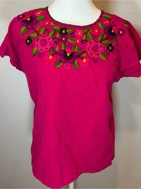 Guatemalan Huipil Blouse S Pink Red Embroidered Floral Boho Top Fiesta Peasant